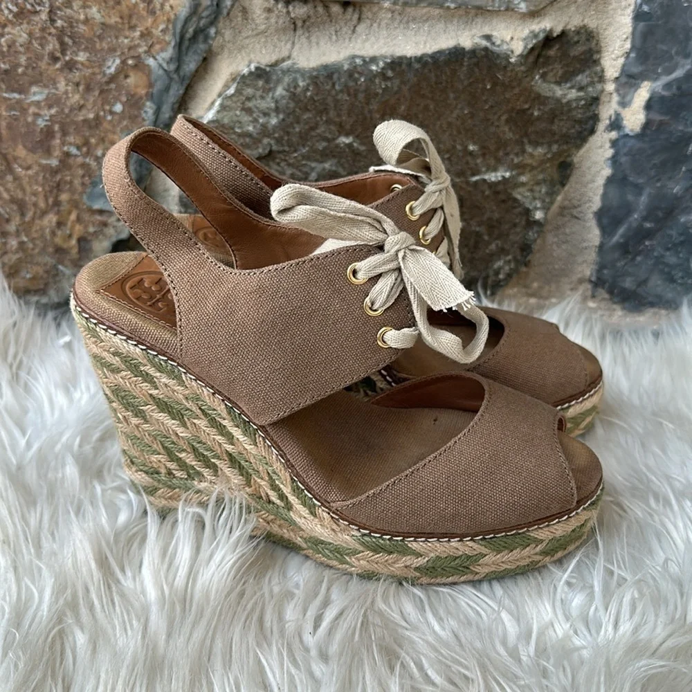 Tory Burch crossover platform espadrille wedge sandal size 7